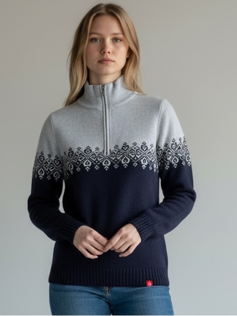 Krimson Klover Navy and Light Gray Fair Isle Half-Zip Sweater